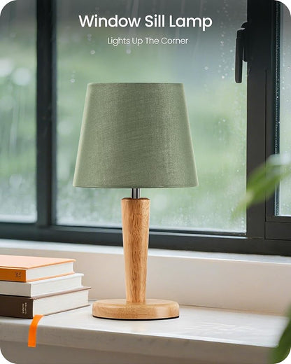 12" Wood Bedside Table Lamps Set of 2, Small Desk Lamps for Small Places, 3 Color Temperatures with Memory, Green Linen Shade & E26 Bulbs, for Bedroom Living Room Office MJ13TLP205