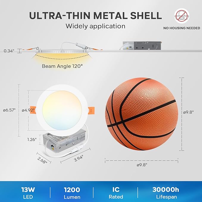 LVWIT Recessed Ceiling Lighting 6 Inch, Smooth Trim 1200LM 2700K-5000K Canless Wafer Downlight, Dimmable LED Light with ETL,FCC&IC, 12 Pack