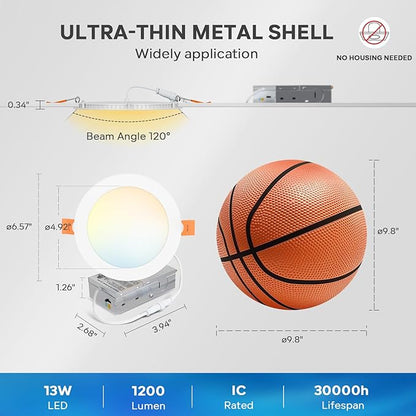 LVWIT Recessed Ceiling Lighting 6 Inch, Smooth Trim 1200LM 2700K-5000K Canless Wafer Downlight, Dimmable LED Light with ETL,FCC&IC, 12 Pack