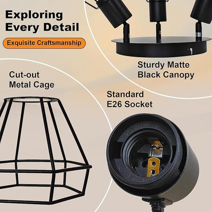 LTBLIGHT 3-Light Track Lighting Fixtures, Rotatable Ceiling Light Kit, Black Metal Wire Cage Lighting Fixtures with Round Plate Spotlights for Kitchen, Bedroom, Hallway, E26 Base, Bulbs Not Included