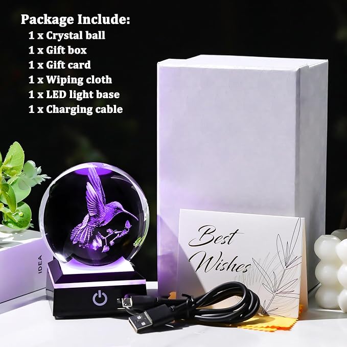 Arikyrist 3D Crystal Ball Hummingbird Figurine with LED Base, Hummingbird Gifts for Women Men on Christmas Birthday, Hummingbird Ornament Glass Decorative Ball for Home Decor (80mm)