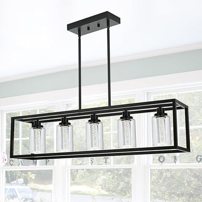MELUCEE Dining Room Light Fixtures Over Table, 5 Light Black Kitchen Island Lighting LED Pendant Light, Linear Bubble Crystal Chandelier with Clear Glass, Built in LED chips 5-Color Temperature Adjust