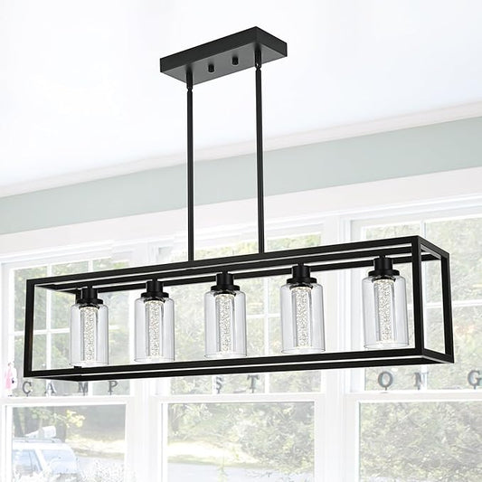 MELUCEE Dining Room Light Fixtures Over Table, 5 Light Black Kitchen Island Lighting LED Pendant Light, Linear Bubble Crystal Chandelier with Clear Glass, Built in LED chips 5-Color Temperature Adjust