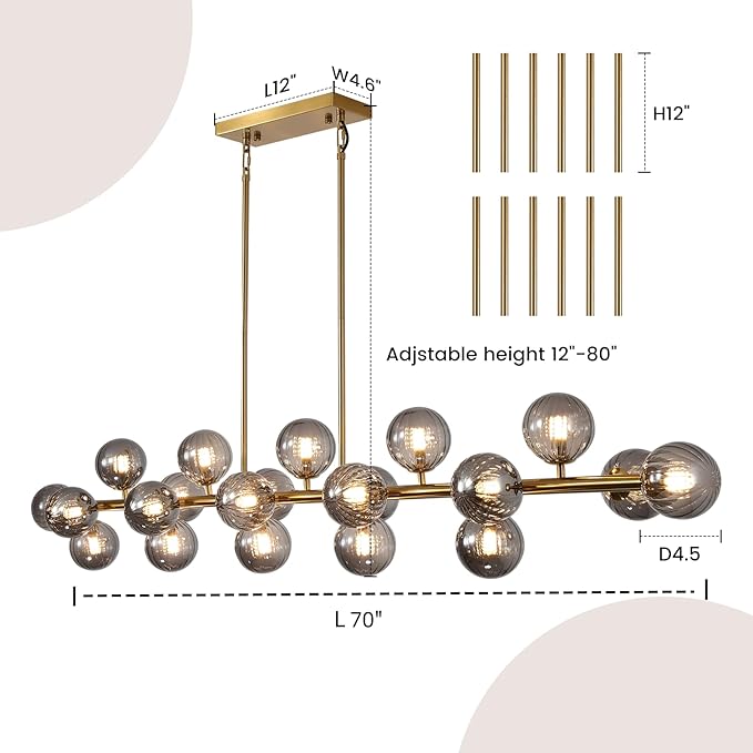 Brass Gold Rectangle Chandelier Modern Chandelier Smoke Grey Globe Glass Pendant Light Fixture Adjustable for Dining Living Room Kitchen Island Over Table 22-Light 70''