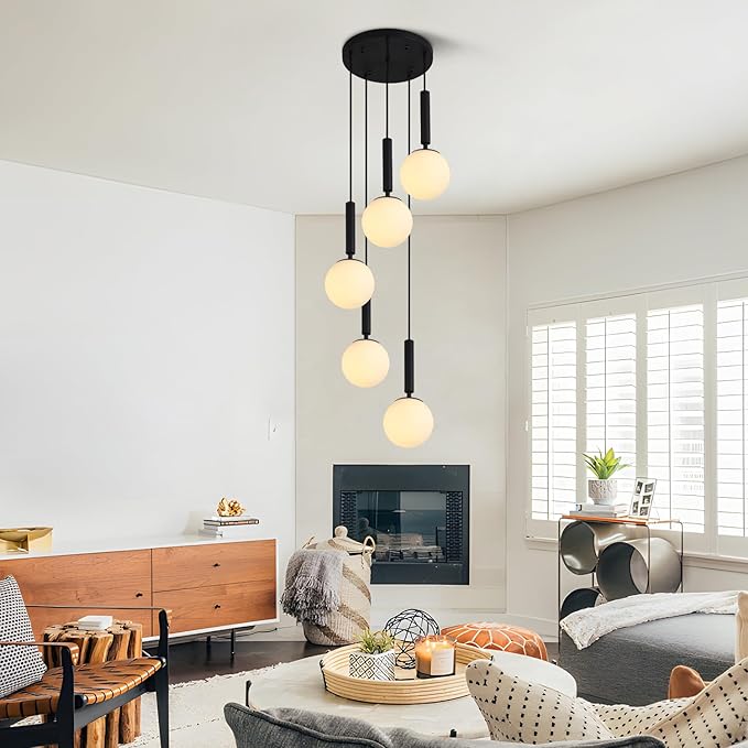 KCO Lighting 5 Light Cluster Pendant Lighting White Globe Chandelier Light Fixture Large Milk Glass Chandelier Matte Black Stairway Hanging Lighting Multi Pendant Hanging Light Fixture