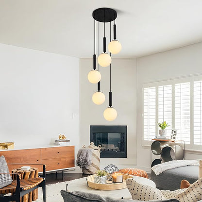 KCO Lighting 5 Light Cluster Pendant Lighting White Globe Chandelier Light Fixture Large Milk Glass Chandelier Matte Black Stairway Hanging Lighting Multi Pendant Hanging Light Fixture