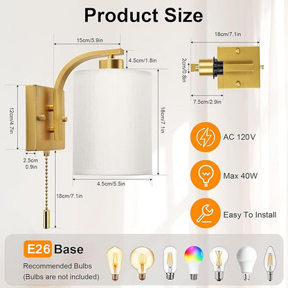 Lightess Wall Sconces with Pull Chain,Vintage Hardwired Pull Cord Wall Light Fixture with on Off Switch,Indoor Wall Lamp for Hallway Bedroom Living Room,Set of Two Gold (Bulbs Not Included)