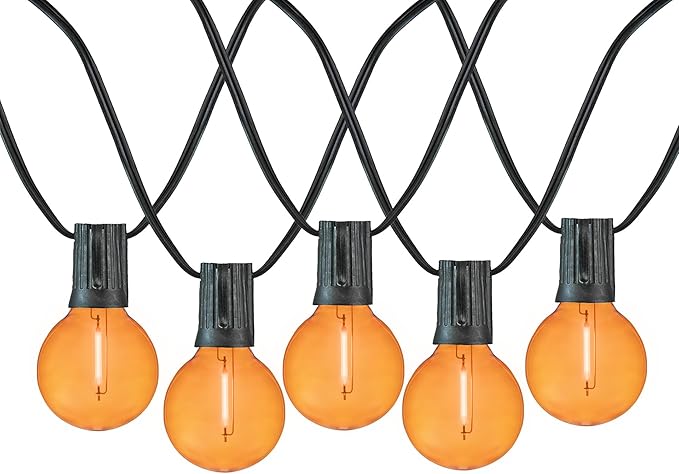 Novelty Lights G40 Filament LED String Light, Translucent Orange Bulbs, 25 Globe Lights with 12" Spacing on Green Wire, Indoor/Outdoor Festive Patio Lights