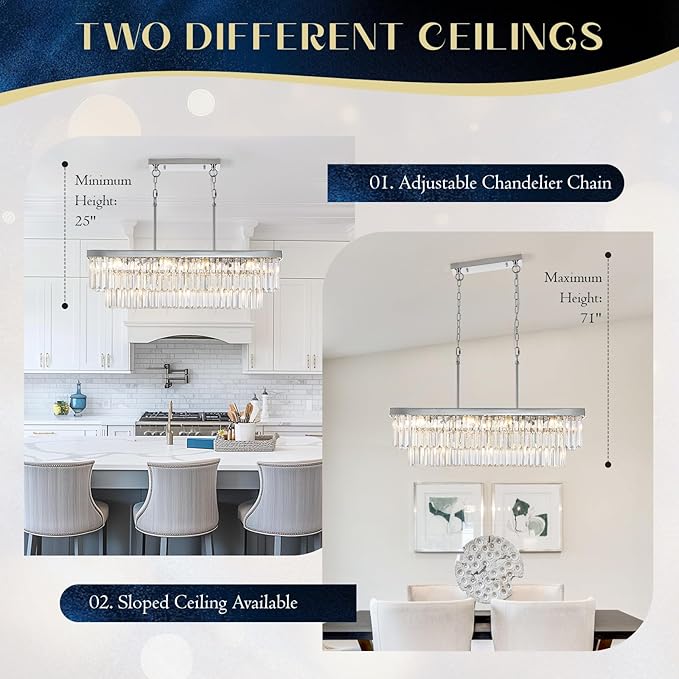 Modern Chrome Rectangle Chandelier L33.5” Luxury K9 Crystal Ceiling Pendant Light Fixture 11 Lights Rectangular Long Chandelier for Kitchen Island Dining Room Living Room Bar