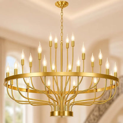 Shandaglo Large Gold Chandelier 24-Light, 39in Wagon Wheel Chandelier for High Ceilings, 3-Tier Foyer Chandelier for Entryway, Dining Room Light Fixture, Living Room Farmhouse Ceiling Light ﻿