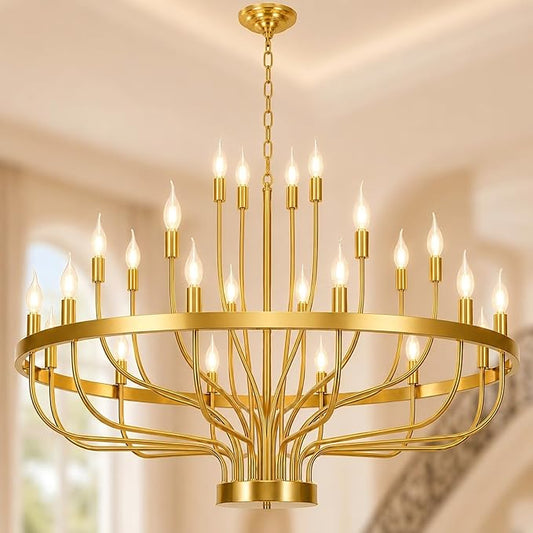 Shandaglo Large Gold Chandelier 24-Light, 39in Wagon Wheel Chandelier for High Ceilings, 3-Tier Foyer Chandelier for Entryway, Dining Room Light Fixture, Living Room Farmhouse Ceiling Light ﻿