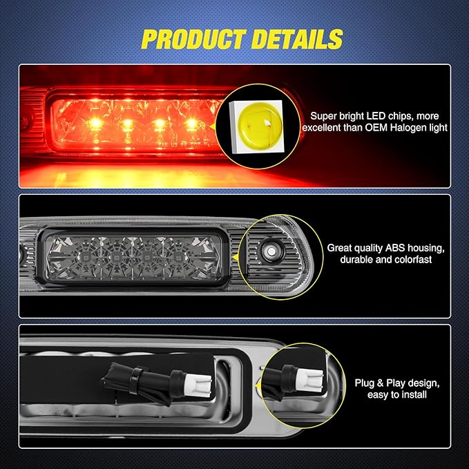 Nilight Third Brake Light Tail High Mount 3rd Stop Lights Smoked Lens Compatible with Jeep Cherokee 1999 2000 2001 2002 2003 2004 Van SUV Rear Center Cab Lamp