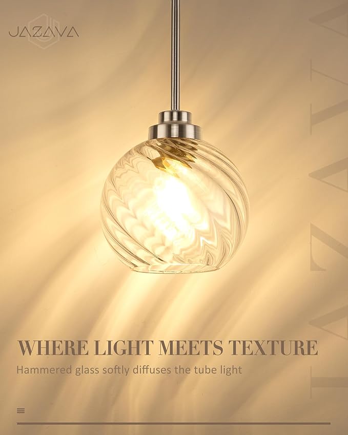 8 Inch Modern Farmhouse Pendant for Kitchen Island, Adjustable Height Hanging Fixture with Ribbed Glass, Brushed Nickel, Dining Room Entryway - PL101SBN-L