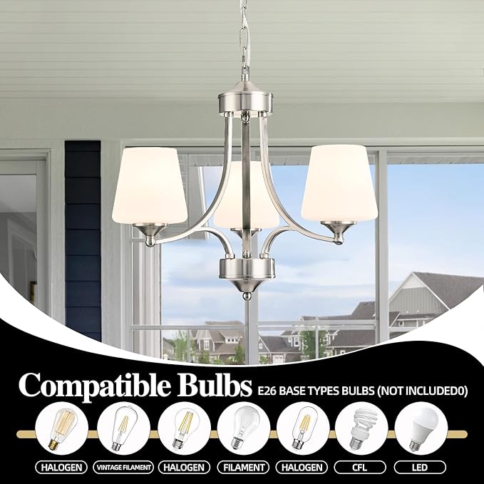 Brushed Nickel Dining Room Light Modern Sliver Chandelier with Frosted Glass, 3-Light Metal Farmhouse Kitchen Island Light Fixtures E26 Hanging Pendent Lighting for Living Room, Kitchen, Foyer