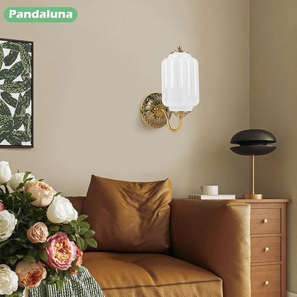 Vintage Wall Sconce, White Milk Glass Light Fixture, 5.5In Art Deco Antique Wall Sconce for Bedroom Bathroom Living Room Hallway Entryway, E12 LED Bulb Included, Antique Gold & White 1 Pack