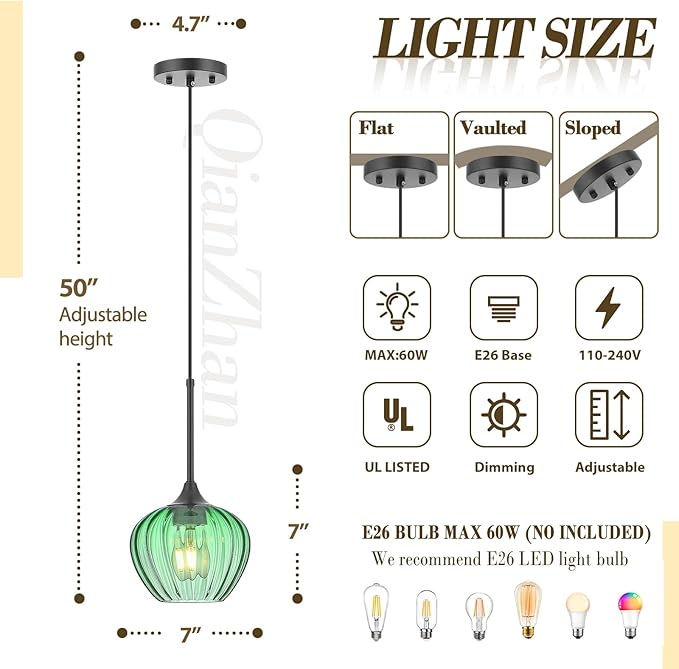 2Pack Green Glass Pendant Light, Vintage Glass Pendant Lighting Small Green Ceiling Hanging Lights for Kitchen Island Dining Room Restaurant Bar Bedroom