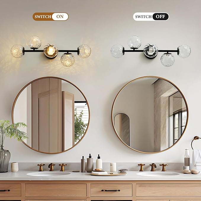 Black LED Bathroom Vanity Light: 5-Light Hammered Clear Glass Globe Bathroom Vanity Lights Fixture over Mirror - Mid Century Modern Dimmable Matte Black Bath Room Makeup Fireplace Wall Sconce Lighting