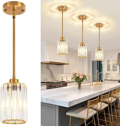 3 Pack Brushed Gold Pendant Lights Kitchen Island, Modern Crystal Kitchen Pendant Lighting Over Island Dining Room Light Fixtures Adjustable Hanging Pendant Light for Bathroom Hallway Foyer Bedroom