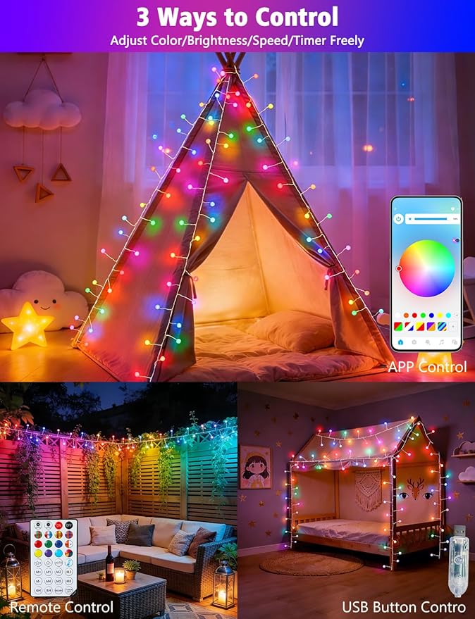 echosari Smart 4th of July Lights Plug in, 10FT 60 LED Color Changing Globe Fairy Lights RGB Built in Chip with App Remote Control, Firecracker String Lights for Indoor Bedroom Party Holiday Decor