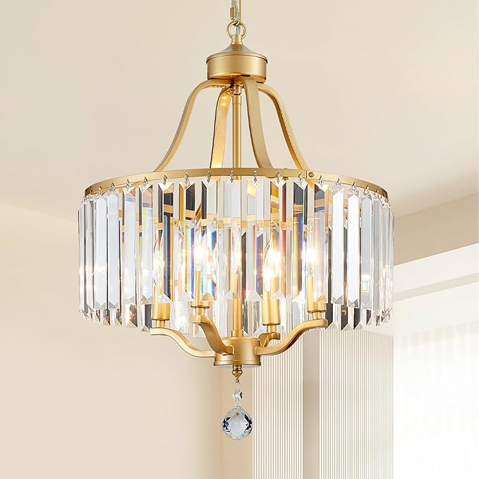 Crystal Chandelier - Rustic Gold Pendant Light - 15.7 Inch Diameter Height Adjustable Modern Ceiling Light - Ideal for Dining Rooms, Kitchens, Living Rooms