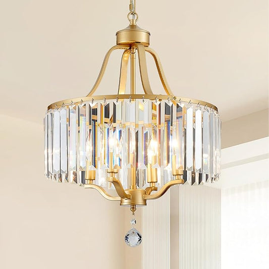 Crystal Chandelier - Rustic Gold Pendant Light - 15.7 Inch Diameter Height Adjustable Modern Ceiling Light - Ideal for Dining Rooms, Kitchens, Living Rooms