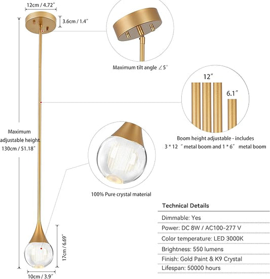 1-Pendant Lights Kitchen Island, Brass Gold Globe Crystal Ceiling Hanging Light Fxitures, LED Light Fixtures Metal Rod Ceiling Glass Pendant Lighting for Kitchen Island Dining Room Bar