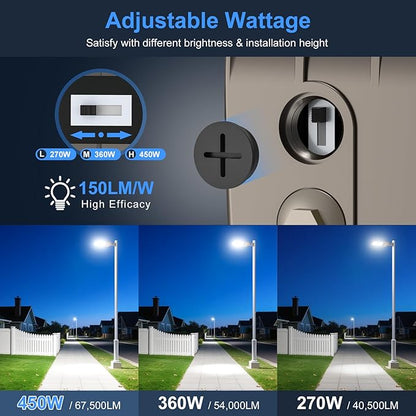 KUKUPPO 10Pack 450W LED Parking Lot Light Power Adjustable, LED Shoebox Flood Pole Light Outdoor Parking Lighting with Arm Mount 67,500LM 5000K IP65 Waterproof 100-277V ETL Listed