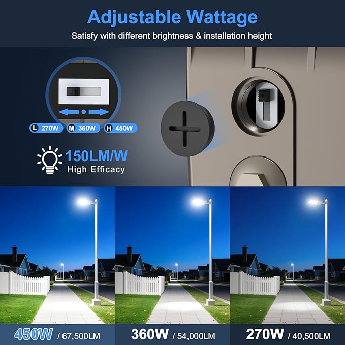 KUKUPPO 6Pack 450W LED Parking Lot Light Power Adjustable, LED Shoebox Flood Pole Light Outdoor Parking Lighting with Arm Mount 67,500LM 5000K IP65 Waterproof 100-277V ETL Listed
