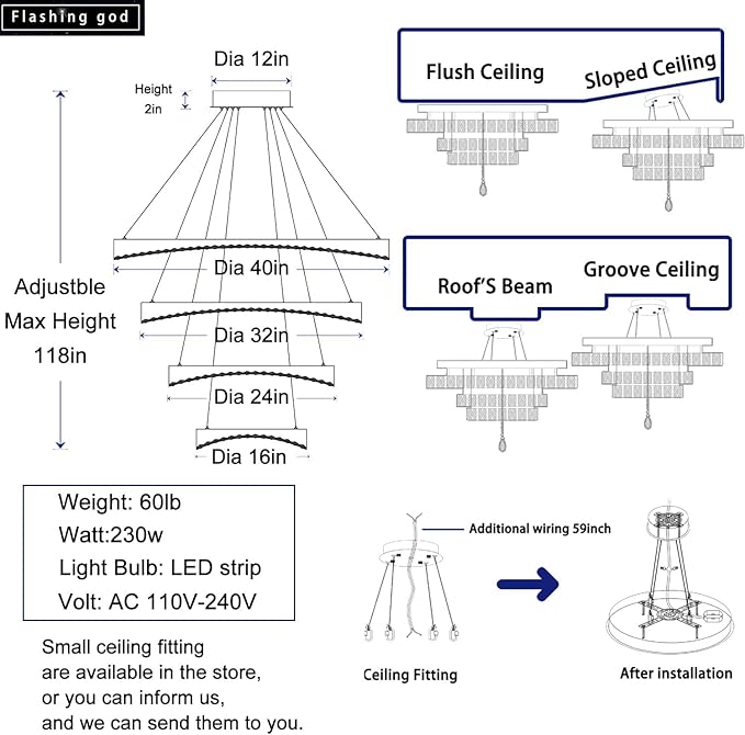 Flashing God Foyer Chandelier for High Ceilings,Modern 4 Ring Crystal Chandelier for Entryway,Hanging Lighting Fixtures for Living Room,Foyer,Staircase,Entryway