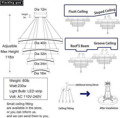 Flashing God Foyer Chandelier for High Ceilings,Modern 4 Ring Crystal Chandelier for Entryway,Hanging Lighting Fixtures for Living Room,Foyer,Staircase,Entryway