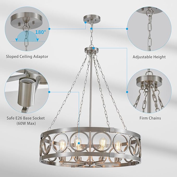 XINGQI 32.3" Large Brushed Nickel Drum Chandelier Modern 8-Light Rustic Farmhouse Round Pendant Lighting Fixture for Dining Room Living Room Office Kitchen Island