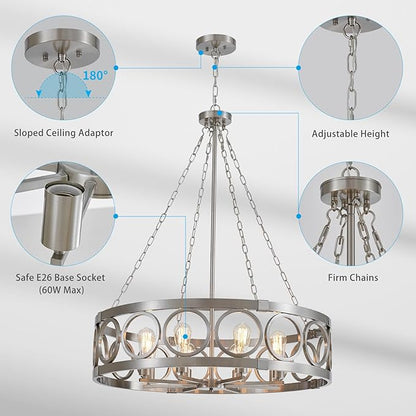 XINGQI 32.3" Large Brushed Nickel Drum Chandelier Modern 8-Light Rustic Farmhouse Round Pendant Lighting Fixture for Dining Room Living Room Office Kitchen Island