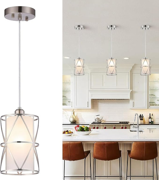 Pendant Light with Frosted Glass, Modern Pendant Lights Kitchen Island, Brushed Nickel Pendant Light Fixtures, Cylindrical Pendant Lighting for Kitchen Island, Dining Room, Foyer
