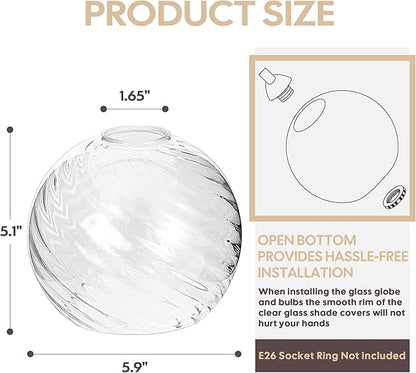 3 Pack Clear Striped Glass Shade Replacements, Globe Water Ripple Glass Lamp Shade Covers for Light Fixtures, 1.65 Inch Fitter Globes Lampshades for Wall Sconces Chandelier Pendant Lights