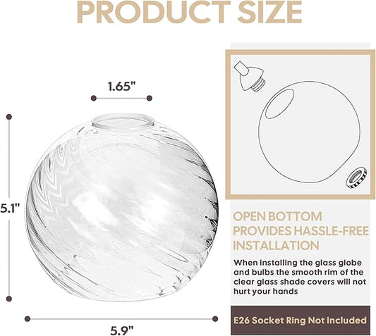 3 Pack Clear Striped Glass Shade Replacements, Globe Water Ripple Glass Lamp Shade Covers for Light Fixtures, 1.65 Inch Fitter Globes Lampshades for Wall Sconces Chandelier Pendant Lights