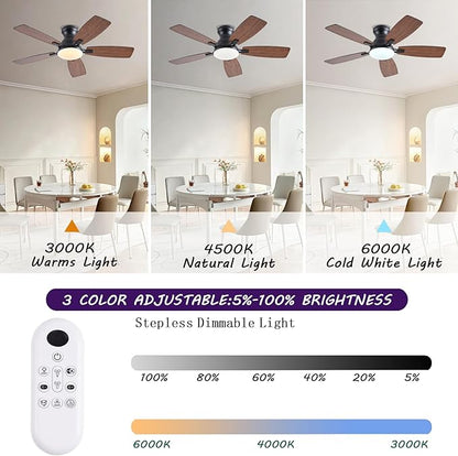 NKPU Ceiling Fans with Lights, Low Profile Ceiling Fan with Light and Remote/APP Control, DC Motor, Noiseless, Flush Mount, 42inch Brown Ceiling Fan for Bedroom Indoor/Outdoor Use