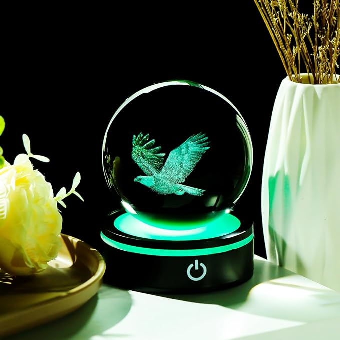 YWHL 3D Eagle Figurines Crystal Ball with Colorful Light Base, Laser Engraved Eagle Statue Sphere Gifts for Women Men, Animals Collection Ball Home Decor(80mm)