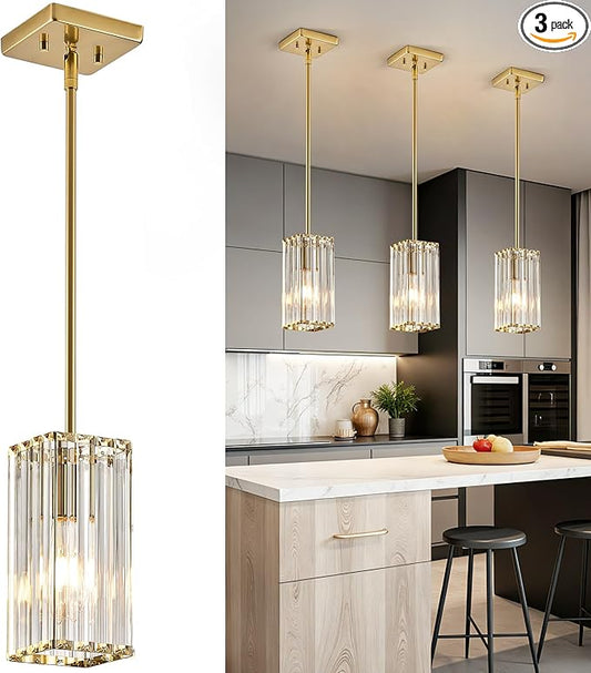 Modern Crystal Pendant Lights Kitchen Island, 3-Pack Brushed Gold Hanging Light with Clear Crystal Shade, Adjustable Height Pendant Lighting for Kitchen Island Dining Room Bedroom Bar Entryway
