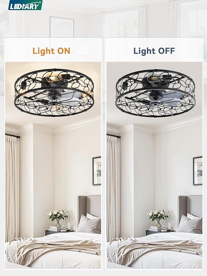 LEDIARY 23 Inch Caged Ceiling Fans with Lights, Black Flush Mount Ceiling Fan with Remote, Large Low Profile Bladeless Ceiling Fan Light Fixture for Bedroom, Kitchen, Dining Room