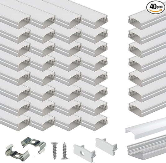 Muzata 40Pack 3.3FT/1M LED Channel Aluminum U Shape Silver LED Strip Diffuser Channel with Milky White Cover Easy Installation U1SW WW 1M