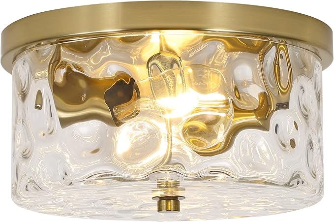 LamQee 11.8" Flush Mount Ceiling Light with Clear Hammered Glass, Brushed Gold Hallway Light Fixtures Ceiling Mount for Bathroom, 2-Lights Farmhouse Close to Ceiling Light Kitchen Foyer Bedroom
