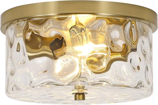 LamQee 11.8" Flush Mount Ceiling Light with Clear Hammered Glass, Brushed Gold Hallway Light Fixtures Ceiling Mount for Bathroom, 2-Lights Farmhouse Close to Ceiling Light Kitchen Foyer Bedroom