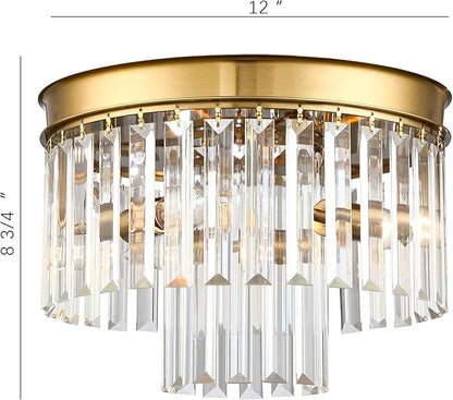 Crystal Flush Mount Ceiling Light Gold Finish 2-Tier Crystal Close to Ceiling Light Fixture for Living Room Bedroom Dinning Room Hallway