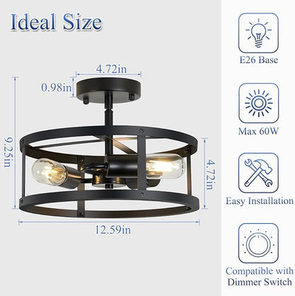 3-Light Semi Flush Mount Ceiling Light, Farmhouse Black Metal Cage Fixture, Industrial Lighting for Kitchen Foyer Hallway Entryway 2 Pack