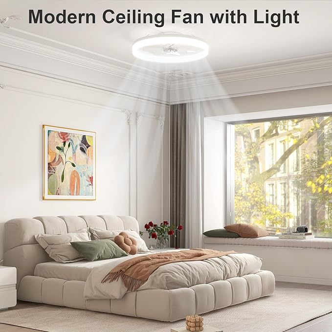 VOLISUN Low Profile Ceiling Fans with Lights and Remote, 23.6in Fandelier Ceiling Fan with Light, 3000K-6500K Dimmable Bladeless LED Fan Light, White Flush Mount Ceiling Fans with Lights for Bedroom