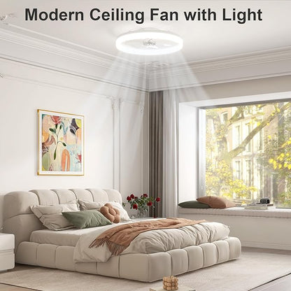 VOLISUN Low Profile Ceiling Fans with Lights and Remote, 23.6in Fandelier Ceiling Fan with Light, 3000K-6500K Dimmable Bladeless LED Fan Light, White Flush Mount Ceiling Fans with Lights for Bedroom