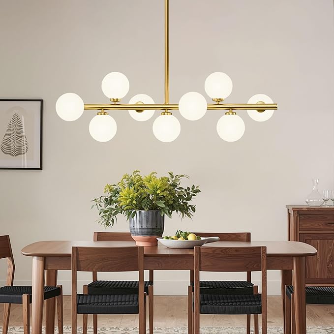 Mid Century Modern Sputnik Chandeliers: 9-Light Linear Brass Gold Dining Room Light Fixture - 40" Long Milk White Glass Globe Modern Pendant Chandelier Lighting for Living Room Kitchen Island Table
