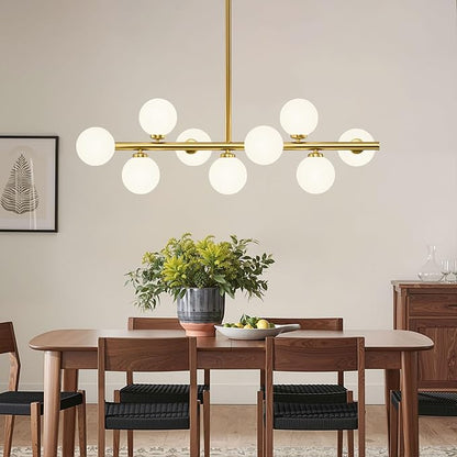 Mid Century Modern Sputnik Chandeliers: 9-Light Linear Brass Gold Dining Room Light Fixture - 40" Long Milk White Glass Globe Modern Pendant Chandelier Lighting for Living Room Kitchen Island Table