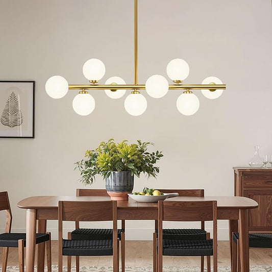 Mid Century Modern Sputnik Chandeliers: 9-Light Linear Brass Gold Dining Room Light Fixture - 40" Long Milk White Glass Globe Modern Pendant Chandelier Lighting for Living Room Kitchen Island Table