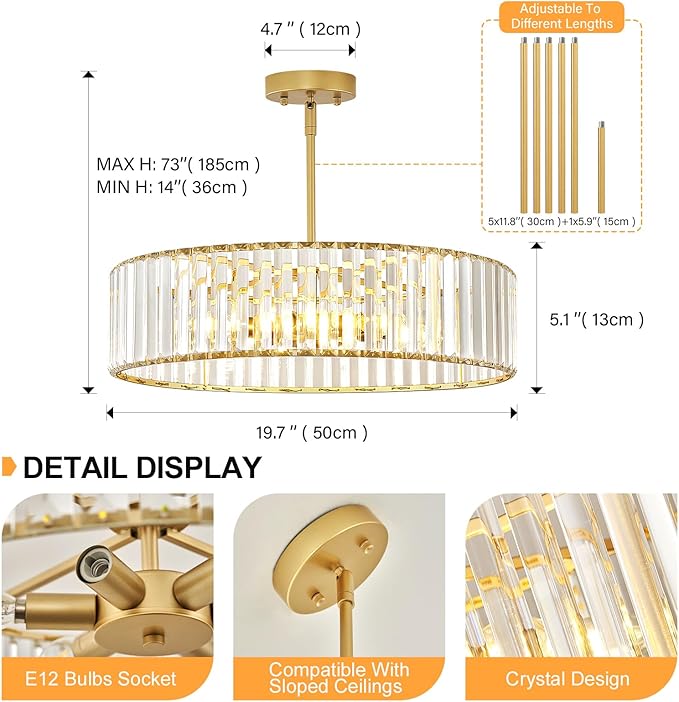 YURNYQ Glod Crystal Ceiling Light Fixture, Modern Semi Flush Chandelier, Round Hanging Lighting Chandeliers for Dining Room, Kitchen, Bedroom, 6-Light, 19.68 Inch